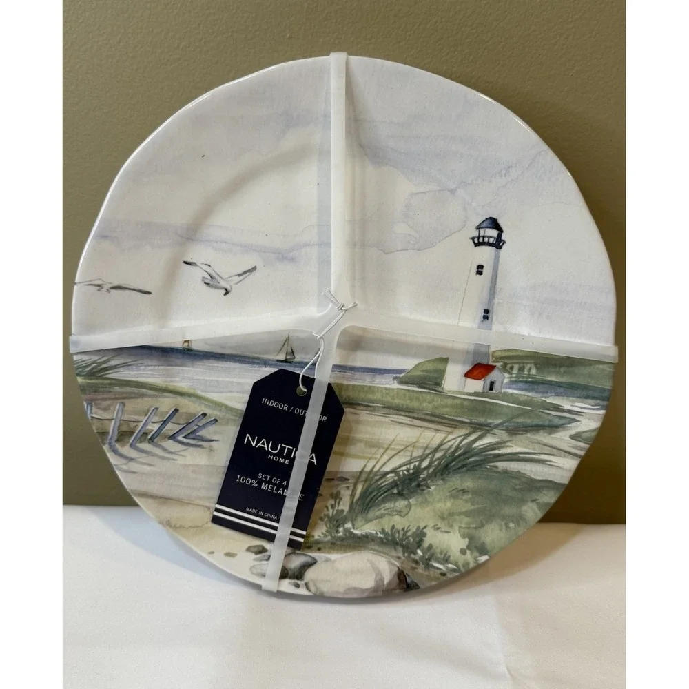 Nautica set‎ 4 LIGHTHOUSE SALAD DESSERT PLATES Coastal Beach Nautical Melamine